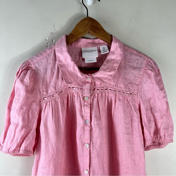 Laura Ashley Pink Size Medium Puff Sleeve 100% Linen Top Button Up Blouse Collar - Picture 8 of 9